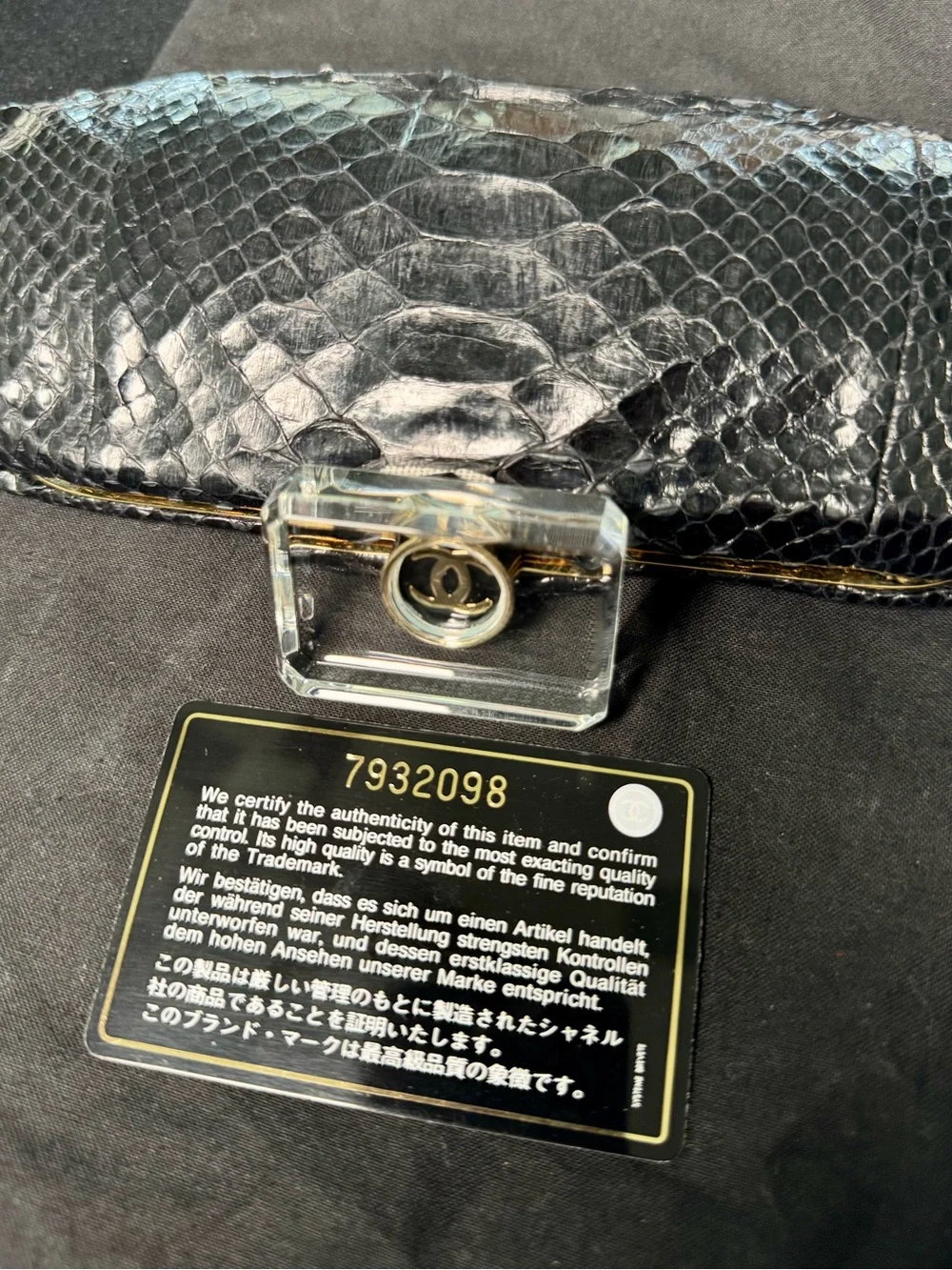 CHANEL Black Python Clutch with Lucite Turn Lock